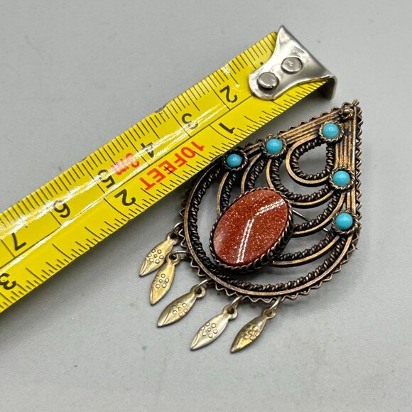 Vintage Silver 800 Pin Brooch Pendant Goldstone and Blue Ballotini Drop Shape - Picture 5 of 6